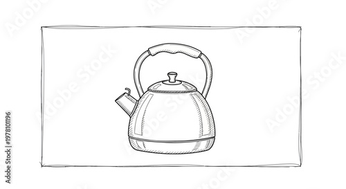 Hand-drawn sketch of a classic stovetop kettle with a handle and spout, isolated on white background.