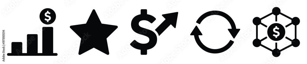 Fototapeta premium Financial business analytics and growth icons representing investment success, favorite elements, and economic network connections, ideal for corporate presentations and digital