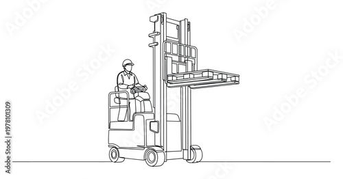 Continuous line drawing of a warehouse worker operating a reach truck with a pallet, showcasing industrial logistics and material handling for business and safety concepts