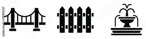 Selection of silhouette icons depicting a robust suspension bridge, a classic picket fence, and an elegant water fountain, excellent for architectural or landscape themed graphic design