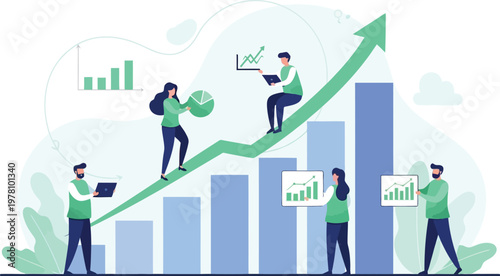 Ascending Metrics: Teamwork and Growth: An illustration depicting a collaborative effort of individuals, together charting the course for progress and achievement. The upward trajectory of the growth.