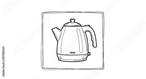 Hand-drawn sketch of a modern electric kettle in a square frame, simple line art illustration