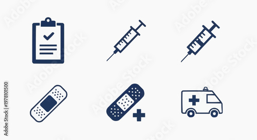 Medical icon set with syringe and ambulance, flat healthcare vector elements, 6 navy blue icons featuring clipboard and adhesive bandages