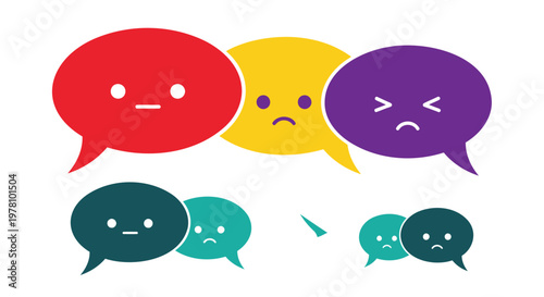 Colorful chat bubbles, conversation icons, emoticon symbols, messaging signs, vector graphics