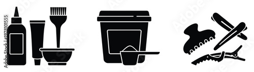 Professional hair coloring and bleaching tools including developer bottle, dye tube, mixing bowl, application brush, bleach powder tub, scoop, and various hair sectioning clips for salon