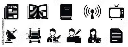 Comprehensive collection of glyph icons symbolizing media, communication, journalism, and publishing industries, perfect for educational materials, professional presentations, or modern