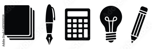 Essential school and office supplies collection including papers pen calculator light bulb and pencil icons for education finance business planning and innovative solutions