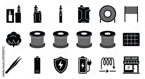 Essential vaping accessories and devices icon set, perfect for ecigarette product branding, shop displays, and online informational resources