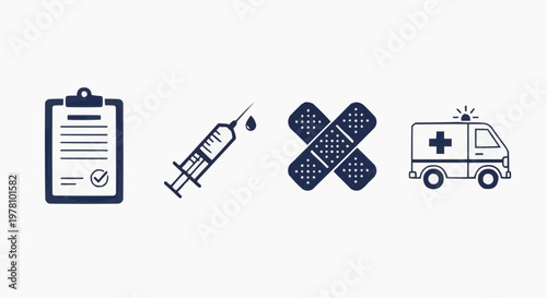 Medical icon set with ambulance and syringe, flat healthcare symbols on white background, 4 vector elements for hospital and first aid design