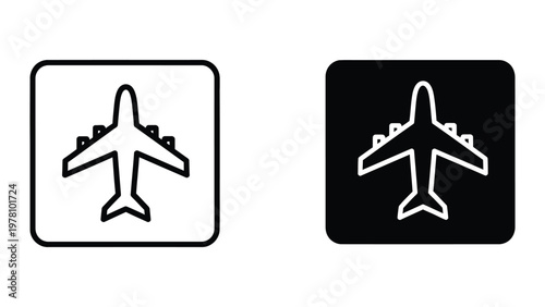 Contrasting airport signs featuring airplane symbols on different backgrounds