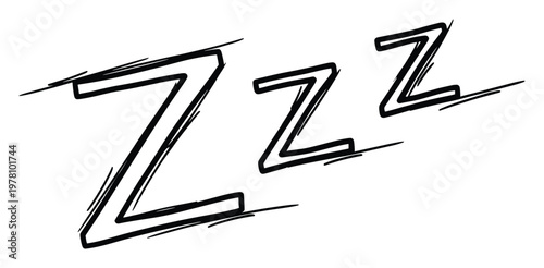 Hand drawn black outline ZZZ letters symbolizing sleep or snoring comic book style sound effect suitable for expressing tiredness, exhaustion, or a quiet moment.