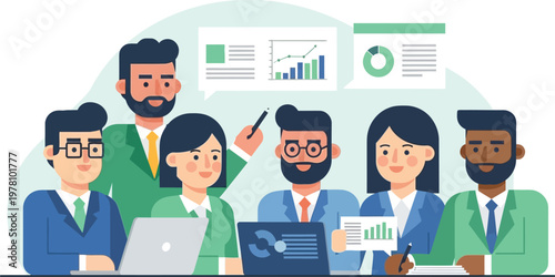 Business Meeting Illustration: A group of professionals gather around a table for a collaborative meeting, engaging in discussion and analysis with digital charts.