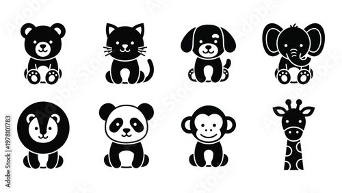 A collection of eight adorable black silhouette animal icons features a bear cat dog elephant lion panda monkey and giraffe