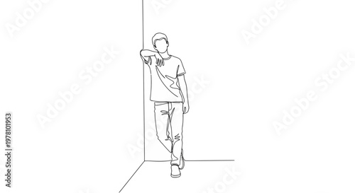 Single line sketch of a young person leaning in a corner, embodying contemplation and modern simplicity for various graphic projects.
