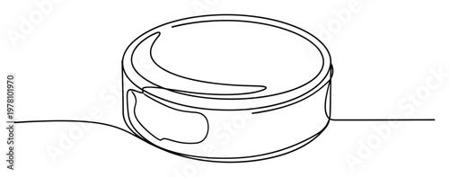 Continuous line drawing of a circular tin can suitable for minimalist packaging design concepts or food industry related projects requiring simple graphic elements