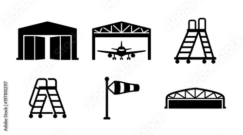 Essential aviation ground service icons including aircraft hangars, passenger boarding stairs, and a windsock for airport facility diagrams or travel logistics concepts.