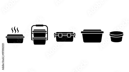 A set of various food containers in black silhouette, including hot food, stacked, clasped, rectangular, and round lunchboxes for versatile use.