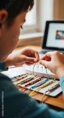 Close-up of Young Hands Crafting Colorful Friendship Bracelets on a Weaving Board