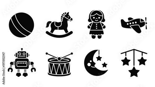 A collection of black silhouette icons depicting classic childhood toys and bedtime symbols arranged in two rows high quality professional detailed