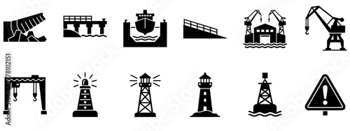 Set of maritime industry icons showing port infrastructure dry docks various cranes lighthouses and a navigational buoy ideal for nautical and shipping themed projects.
