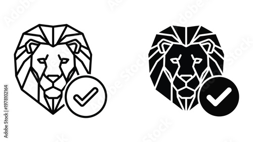 Contrast between monochromatic and black lion logos with verification marks