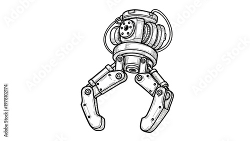 Detailed line drawing of a powerful robotic gripper, perfect for technology, industrial automation, and mechanical engineering themes.