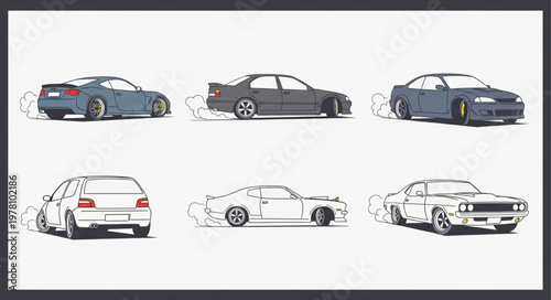 Collection of six different cars in motion artistic illustration.