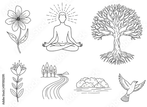 Simple outline drawings of nature and spiritual concepts, including meditating person, tree, flowers, landscape, and bird, for calm graphic applications.