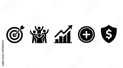 Visual symbols for business strategy, team achievement, market growth, added value, and monetary security.
