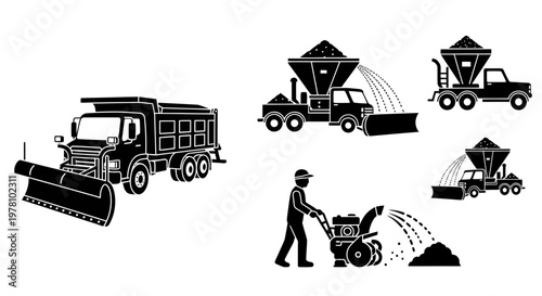 Icons depicting various snow removal equipment including plow trucks, salt spreaders, and a snow blower for winter road and path maintenance.