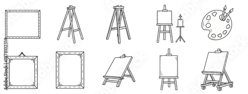 Comprehensive line drawing collection of painting studio essentials including various easels, blank art canvases, picture frames, and an artists palette with brushes, suitable for