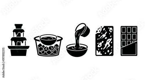 This set of icons depicts various chocolate forms, including a fountain, melting in a double boiler, pouring, and different chocolate bars, ideal for food and dessert themes.