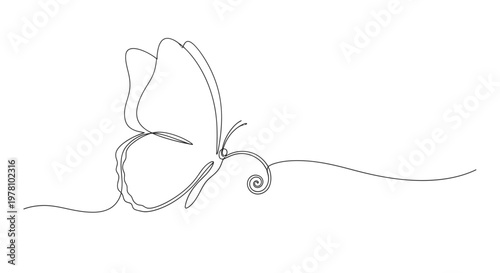 Minimalist continuous line drawing of a butterfly symbolizing freedom and transformation, ideal for naturethemed designs, creative branding, or inspiring digital and print projects.
