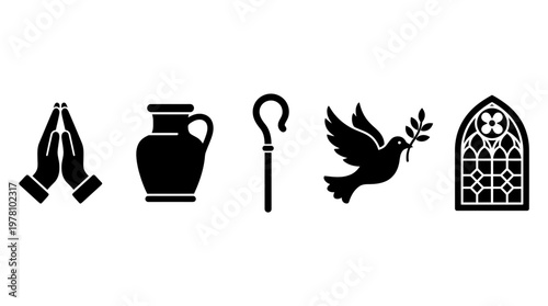 Set of Christian religious symbols representing faith, peace, and spiritual concepts. Ideal for church events, worship materials, or religious education resources.