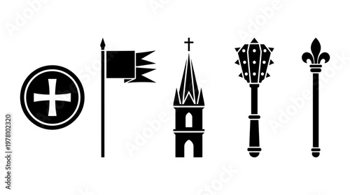 Vector set of medieval symbols including a shield with cross, flag, church steeple, mace, and fleurdelis scepter, perfect for history themed projects or games.