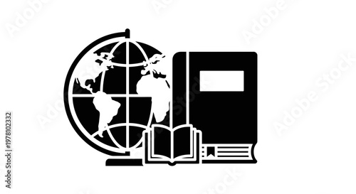 A silhouette of a globe and books representing global education, knowledge acquisition, and learning, suitable for academic and instructional materials.