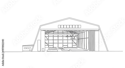 Outline drawing of a large industrial hangar structure showing internal beams and framework, suitable for architectural design, engineering plans, and construction project visualizations.