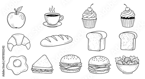 Diverse hand drawn food items including apple, coffee, bread, and burgers, forming a versatile collection for menu, cookbook, and restaurant branding applications.