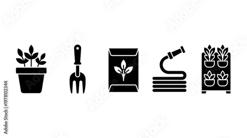 Comprehensive set of gardening icons including potted plants, hand tools, seed packets, hose, and a vertical garden, ideal for educational materials, or farming guides.