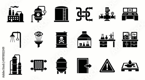 Industrial safety and process control flat vector icons representing manufacturing facilities chemical processes laboratory equipment and emergency response solutions for various