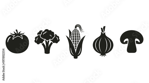 Simple black vector icons representing common garden vegetables and fungi, suitable for menu design, culinary blogs, and food packaging concepts.