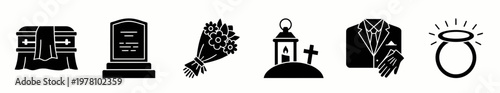 Set of black silhouette icons representing funeral, mourning, and remembrance. Perfect for memorial service announcements, tribute materials, and solemn graphic design projects.