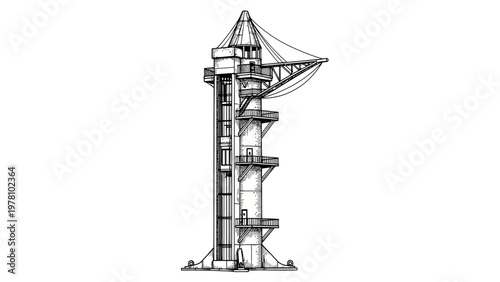 This intricate technical drawing showcases a multilevel tower with a crane and viewing platforms, ideal for engineering studies and architectural design concepts.