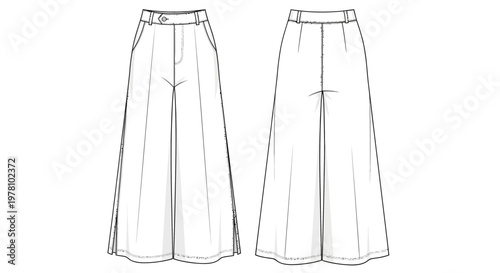 Front and back views of a wide leg tailored pants with side pockets and a neat waistband for clothing design.