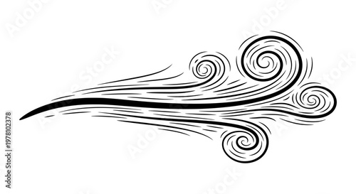 Stylized black lines create a dynamic wind graphic with swirling air currents, ideal for motion effects, decorative elements, or abstract backgrounds.