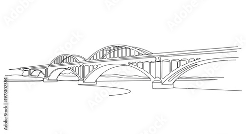Single line flowing drawing of a large bridge structure. Excellent for architectural visualization, urban planning, or minimalist graphic projects requiring a clean infrastructure element.