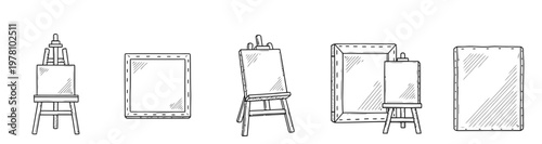 Set of black and white handdrawn sketch style line icons depicting various easels and painting canvases for creative projects and artistic concepts.