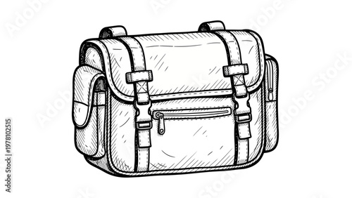Vintage style line drawing of a messenger bag with straps and pockets, suitable for travel, school, adventure themes, and educational content.