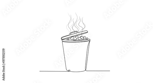 A continuous line drawing of an open, steaming trash can full of rubbish, perfect for illustrating waste management, environmental issues, disposal, or unpleasant concepts with a minimalist aesthetic.