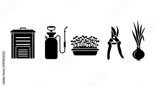 Essential gardening equipment icons set including a compost bin, garden sprayer, fresh microgreens, pruning shears, and a vibrant onion plant, ideal for agriculture themed digital designs